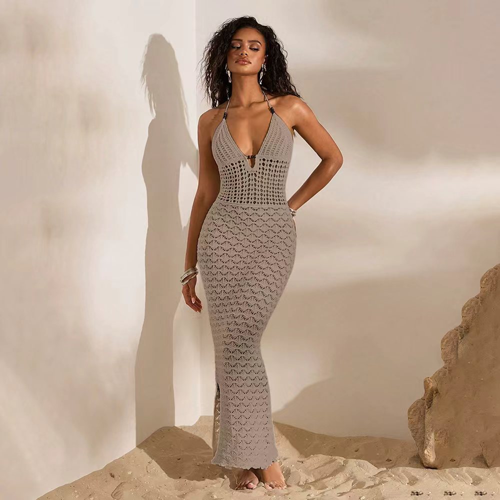 Women's Elegant Crocheted Beach Dress with Deep V-Neck