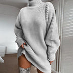 Women's Chunky Knit Sweater with High Collar and Asymmetrical Hem