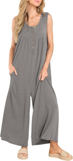 Women's Casual Overall with Deep Neckline and Pockets