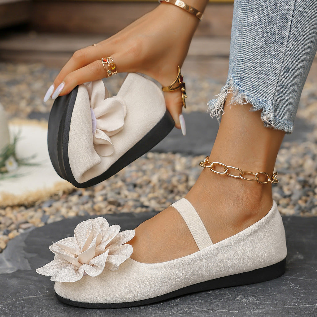 Women's Ballet Flats with Floral 3D Flower Design and Elastic Strap