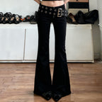 Women's Flared Jeans with Adjustable Belt and Cut-Out Design