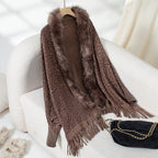 Women's Elegant Knit Poncho with Faux Fur Collar and Fringed Hem