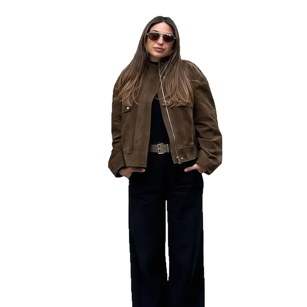 Elegant Faux Leather Jacket with Modern Stand-Up Collar
