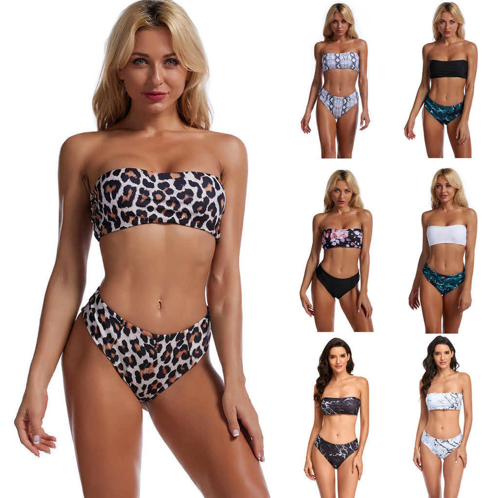 Women's Bandeau Bikini with Floral Top and High Waist