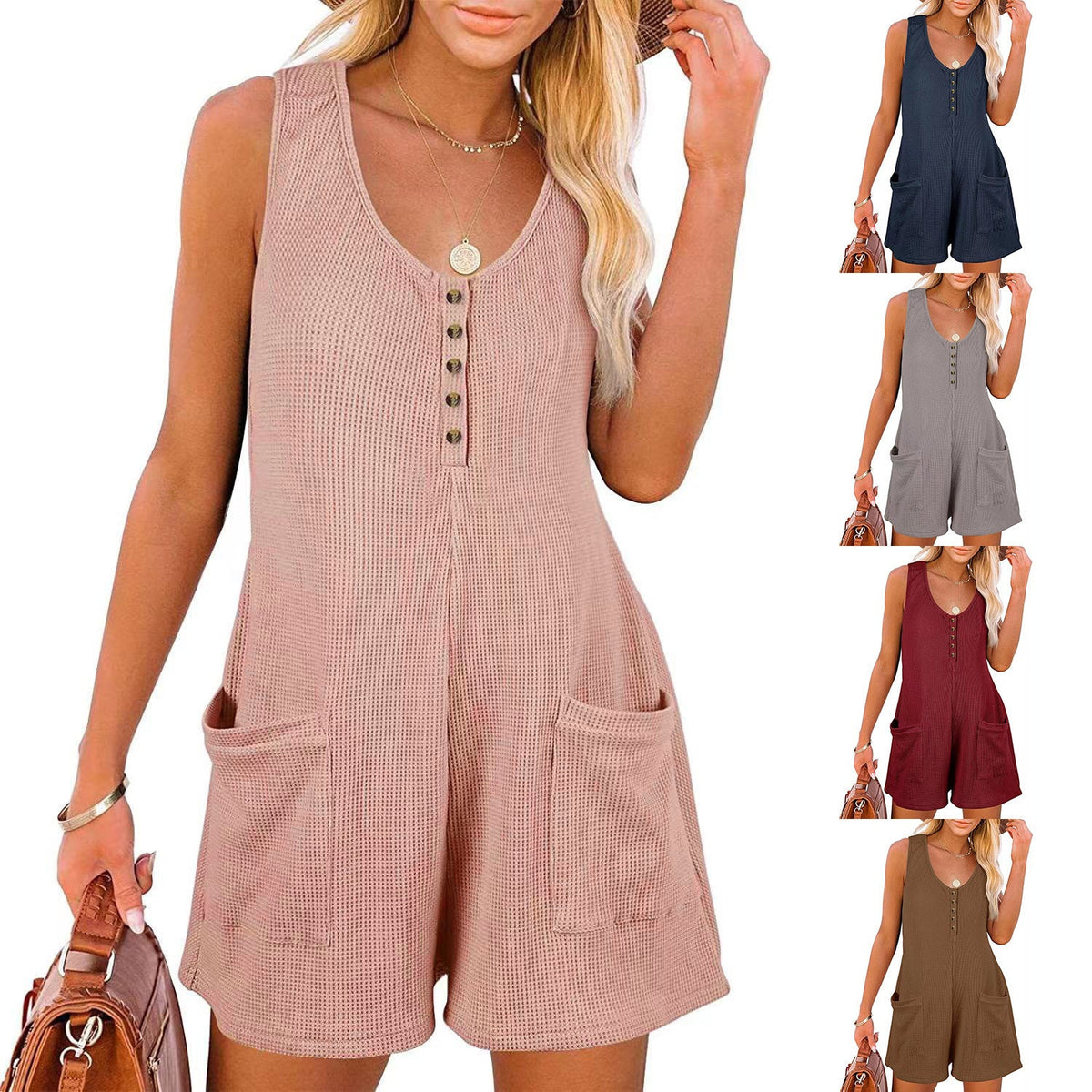 Casual Short Jumpsuit with Button Placket and Pockets