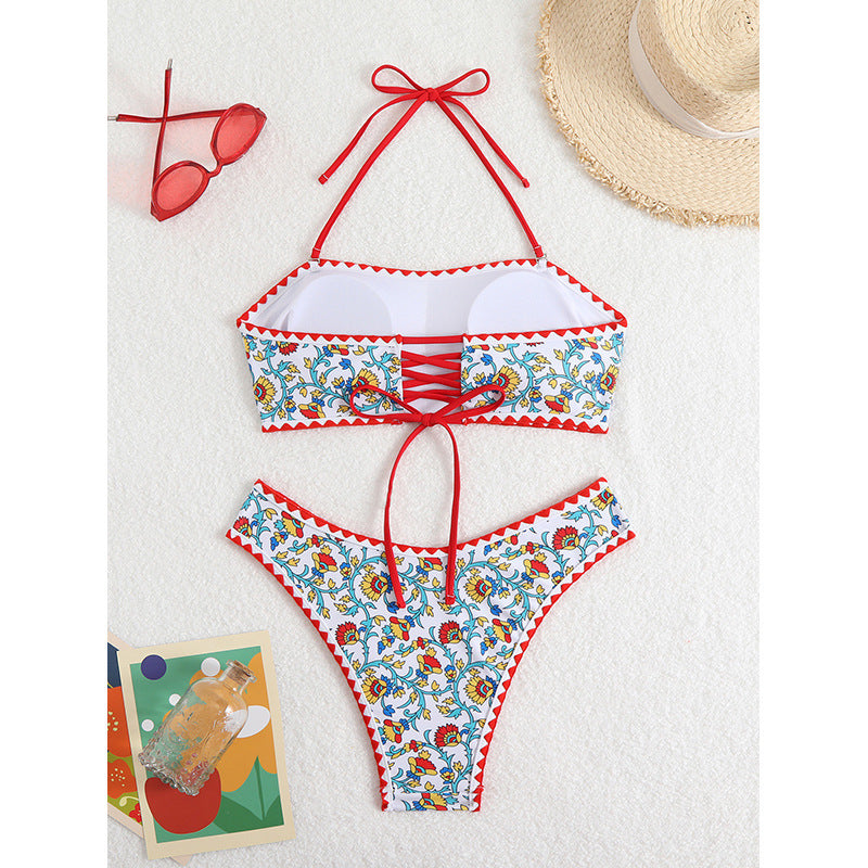 Women's Floral Bandeau Bikini with Ruffle Hem