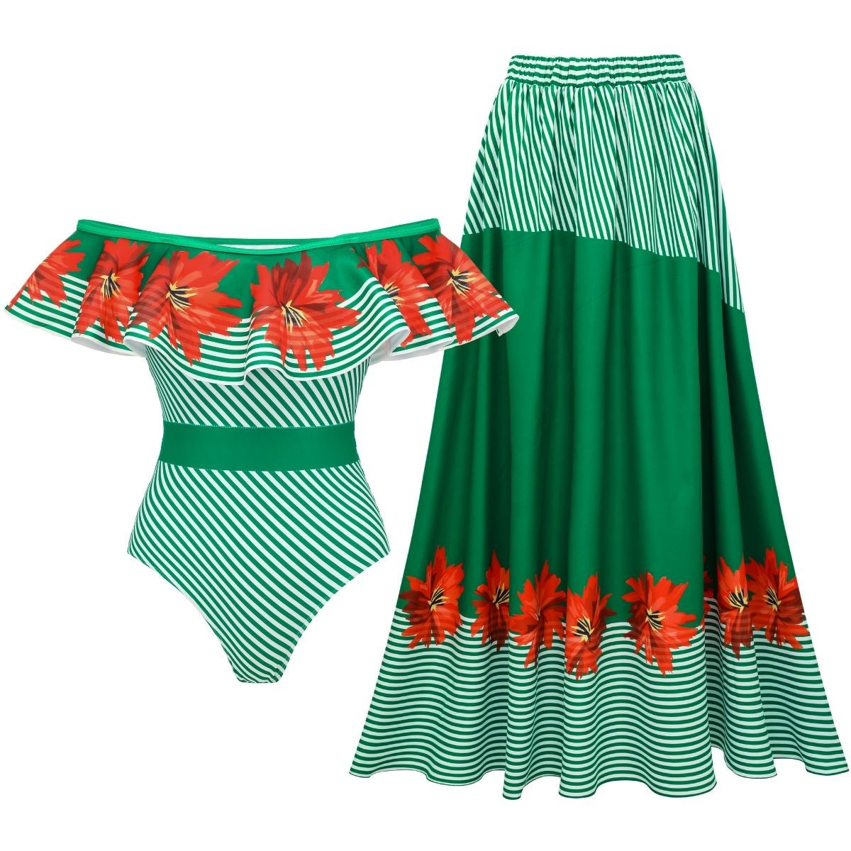 Women's Swimsuit with Ruffle Design and Matching Maxi Skirt