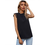 Sleeveless Blouse Shirt with Lace Trims and Decorative Collar