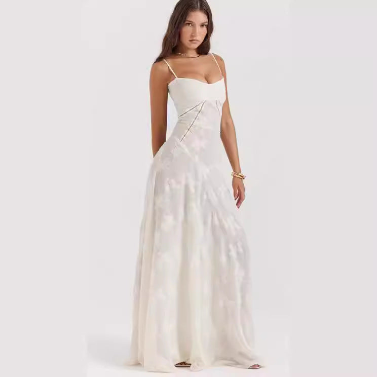 Elegant Evening Dress with Fine Lace Trim and Spaghetti Straps
