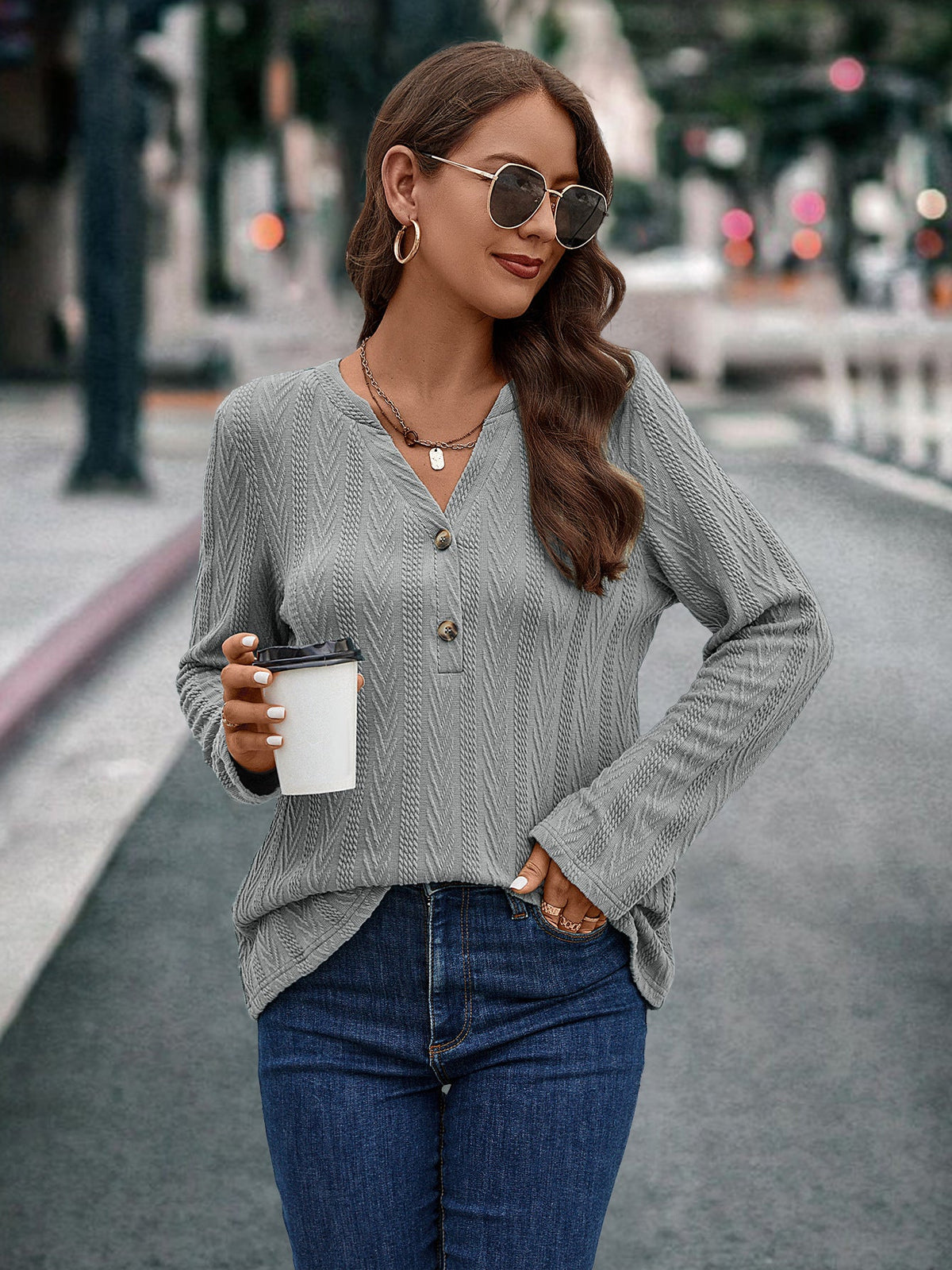 Women's Long-Sleeve Blouse with Textured Pattern