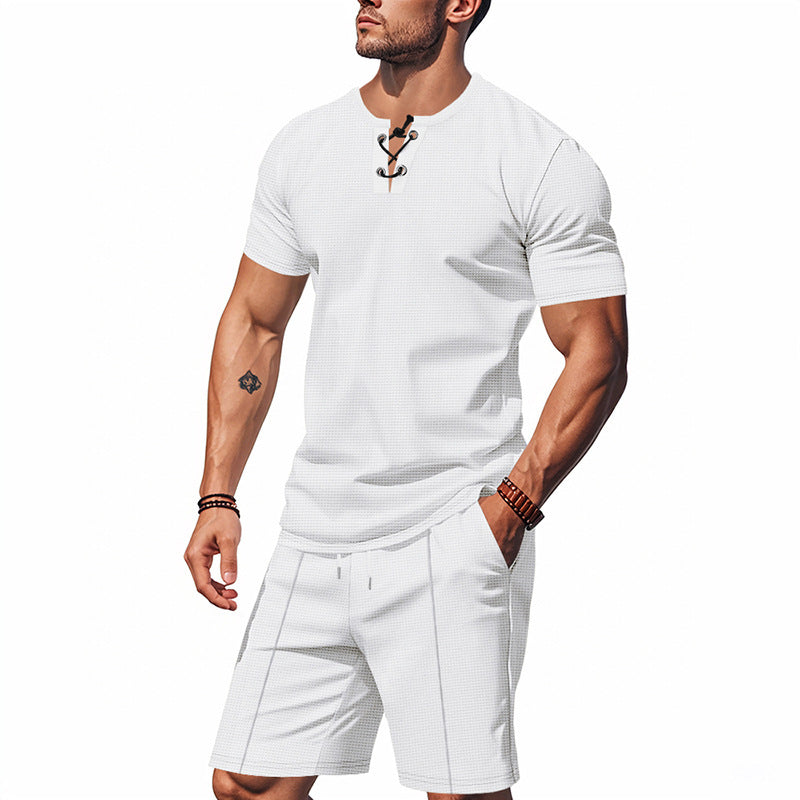 Men's Short-Sleeved Lace-Up Collar Waffle Jersey Set