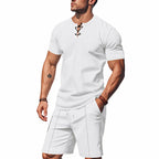 Men's Short-Sleeved Lace-Up Collar Waffle Jersey Set