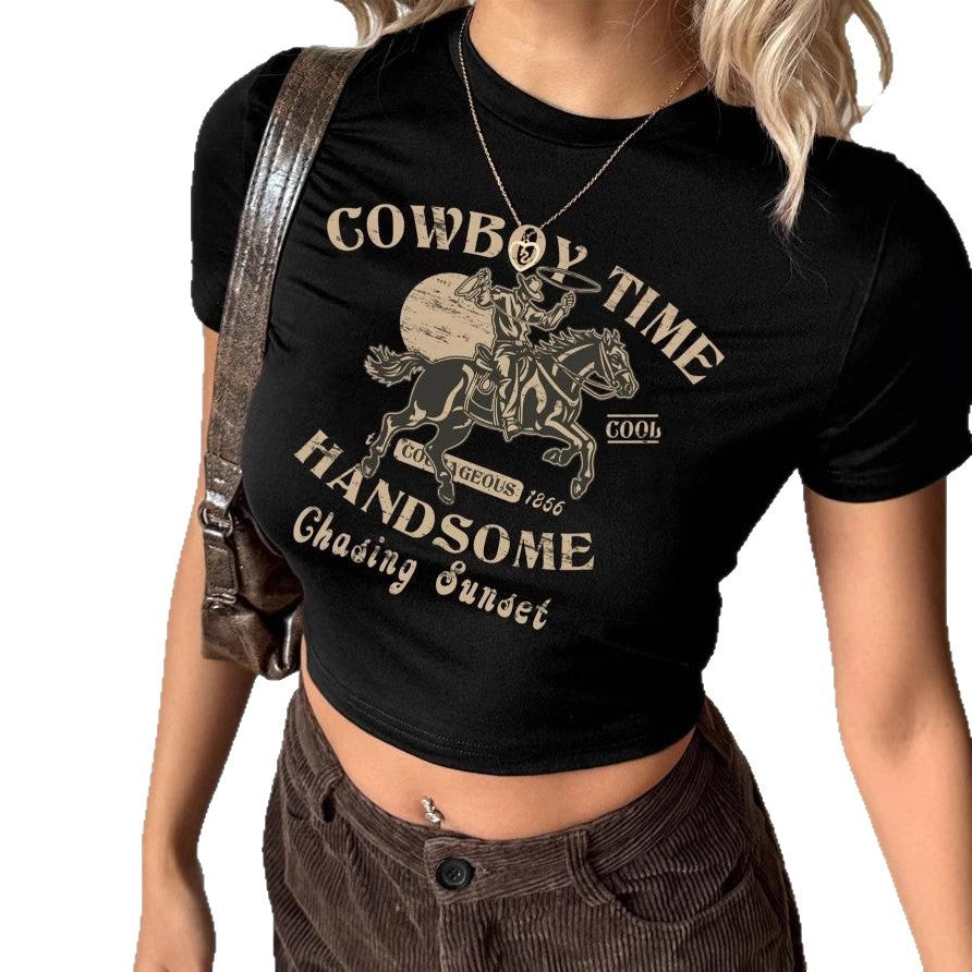 Women's Crop Shirt with Eye-Catching Cowboy Motif and Stylish Cut