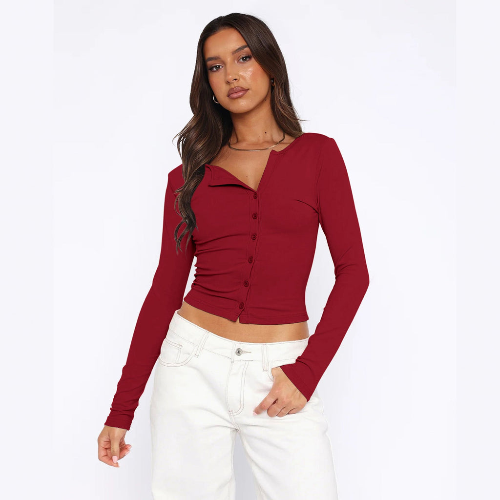 Women's Fitted Long-Sleeve Shirt with Button Placket