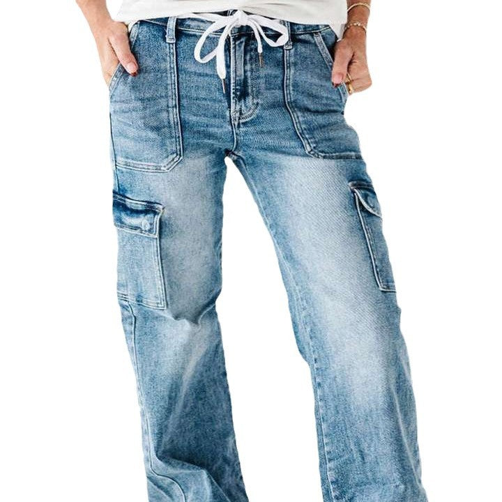 Women's Wide-Leg Cargo Jeans with Adjustable Waist