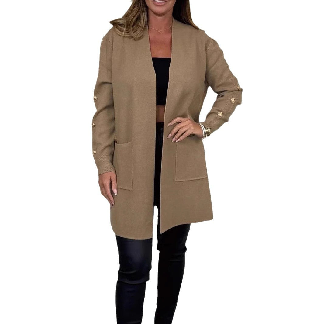 Women's Elegant Knit Cardigan with Button Details and Pockets