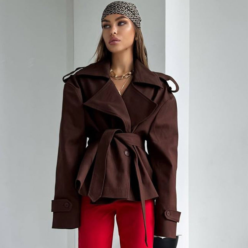 Women's Elegant Trench Coat with Waist Belt and Wide Cut