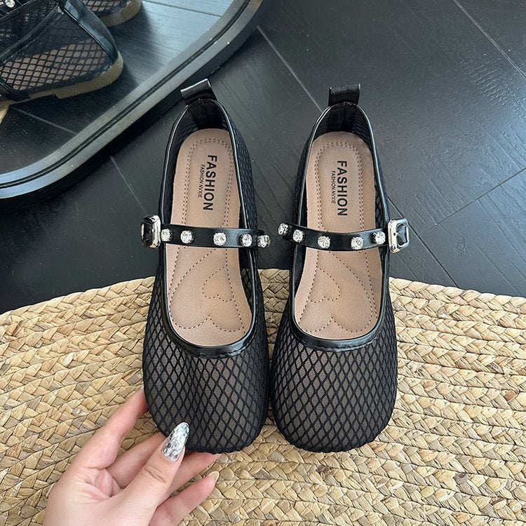 Women's Ballet Flats with Decorative Mesh Design and Sparkling Strap