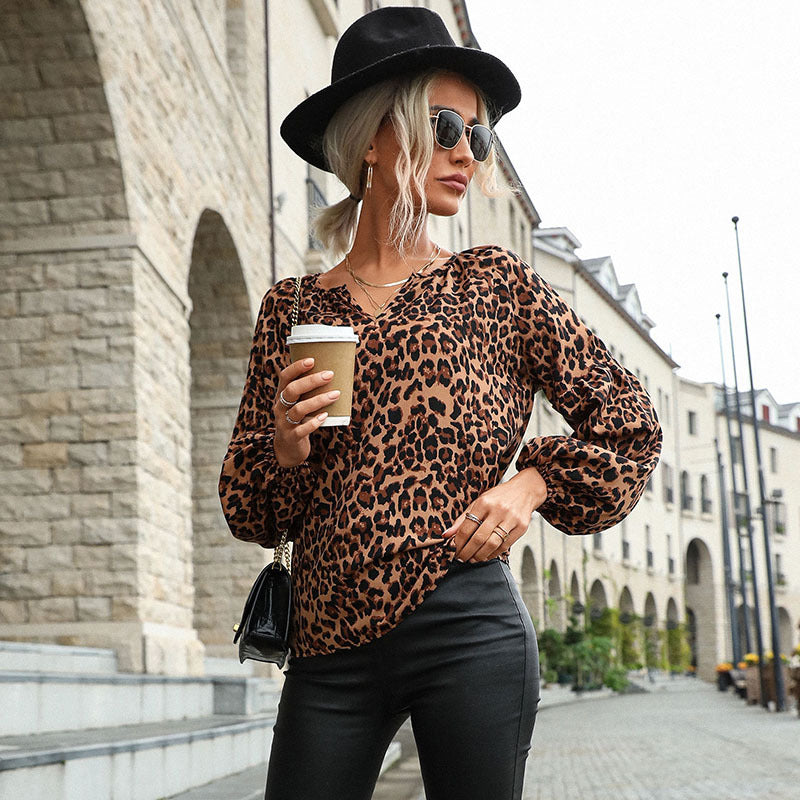Women's Blouse in Trendy Animal Print with Casual Ruffle Sleeves