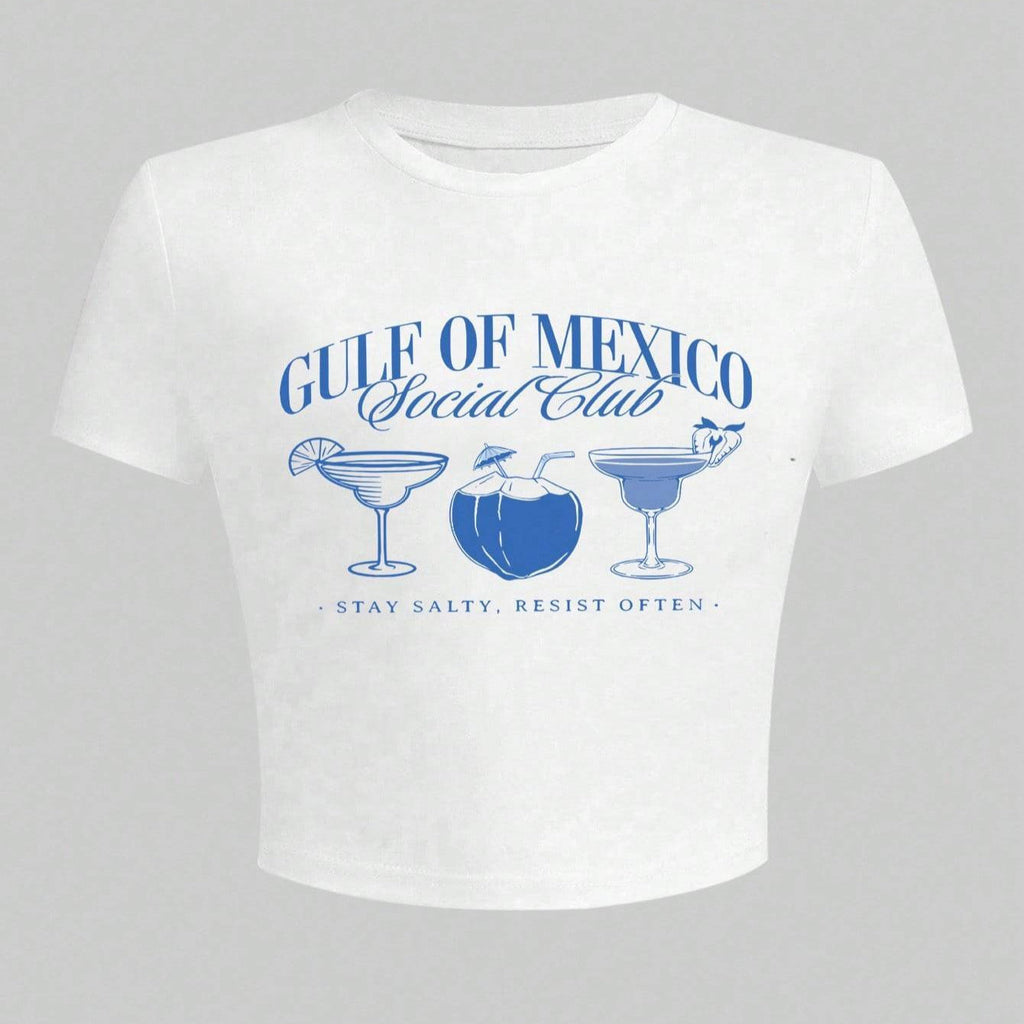 Women's Crop T-Shirt with Cocktail Motif and Modern Lettering