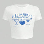 Women's Crop T-Shirt with Cocktail Motif and Modern Lettering