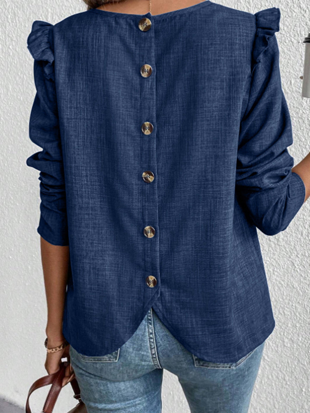 Elegant Blouse with Ruffle Details and Round Neckline