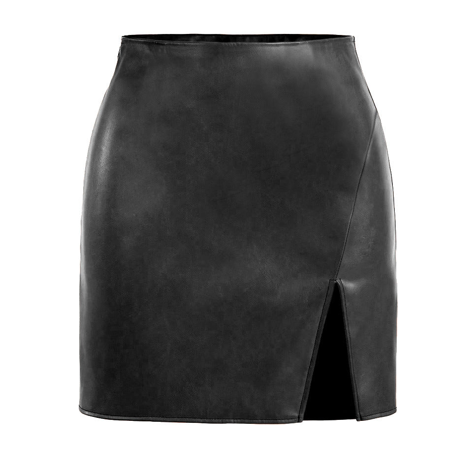 Women's Mini Skirt in High-Quality Imitation Leather with Side Slit