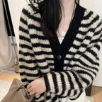 Women's Striped Cardigan with Wide Cut and Button Details