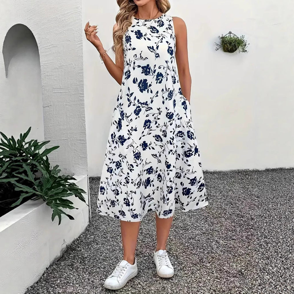 Women's Sleeveless Floral Maxi Dress with Pockets