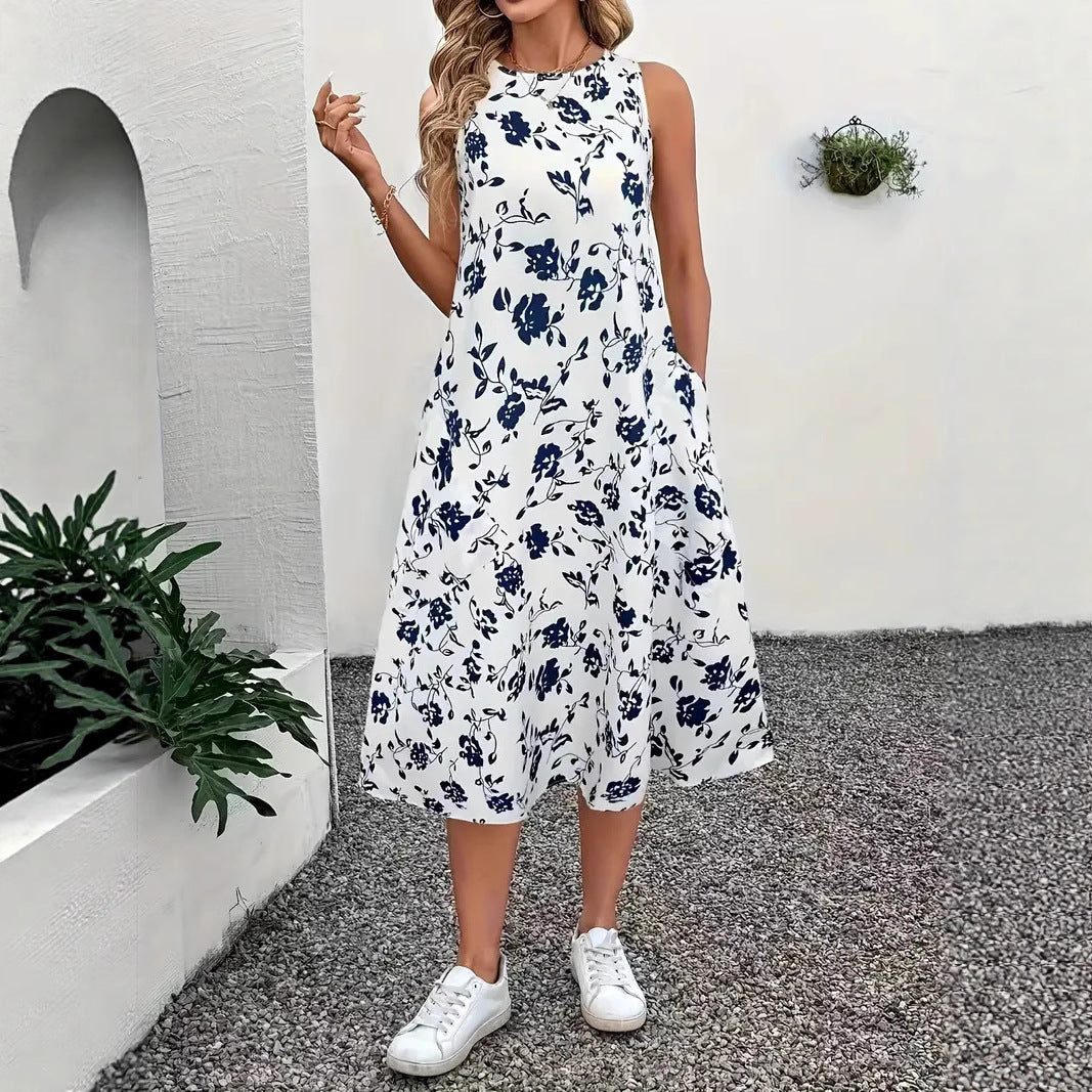 Women's Sleeveless Floral Maxi Dress with Pockets