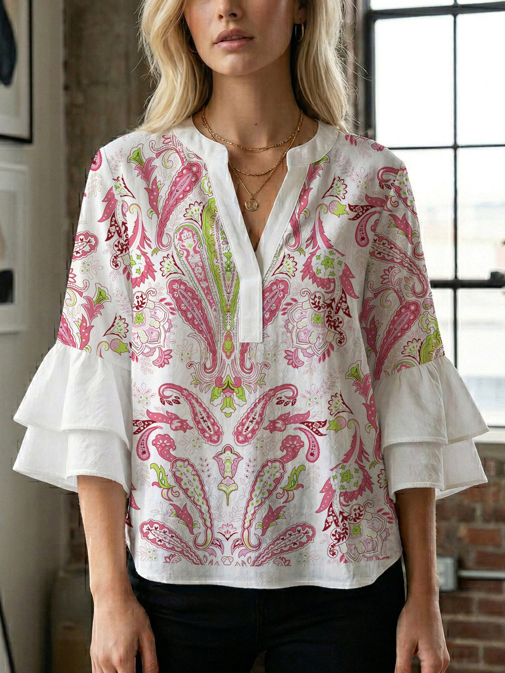 Women's Floral Top with Voluminous Ruffled Sleeves