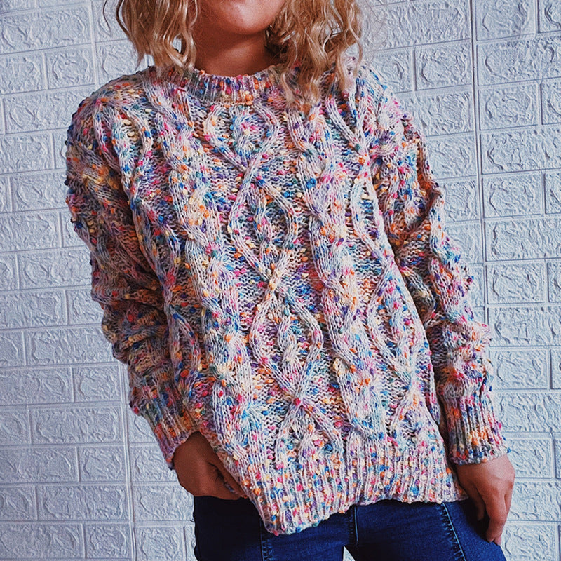 Women's Chunky Knit Sweater with Colorful Accents and Relaxed Fit