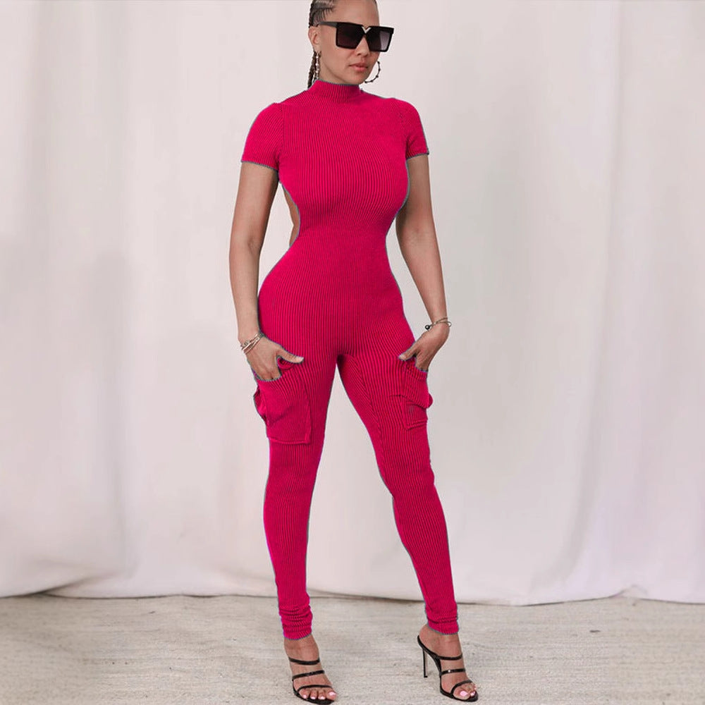 Women's Form-Fitting Jumpsuit with High Collar and Side Pockets