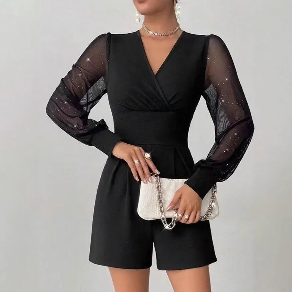 Elegant Jumpsuit with Sheer Puff Sleeves and V-Neck