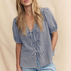 Women's Blouse with Knot Detail and Puffy Sleeves