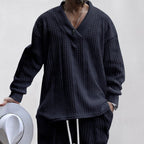 Men's relaxed knit ensemble with deep V-neck and elastic drawstring waistband