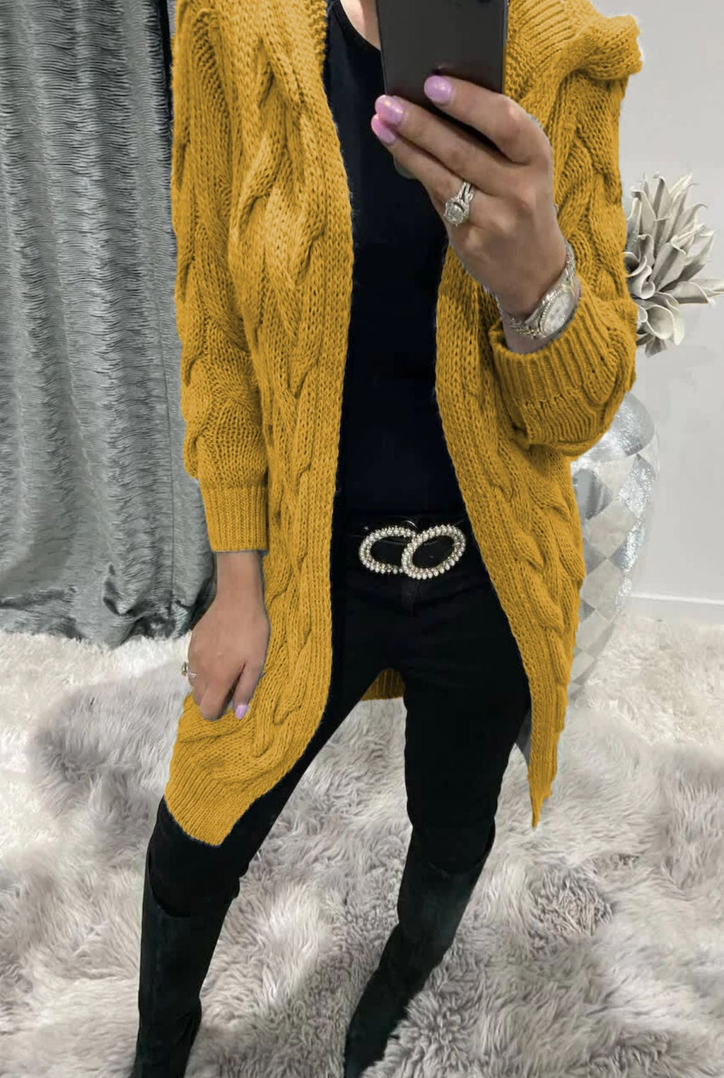 Women's Chunky Knit Cardigan with Hood and Cable Knit Pattern