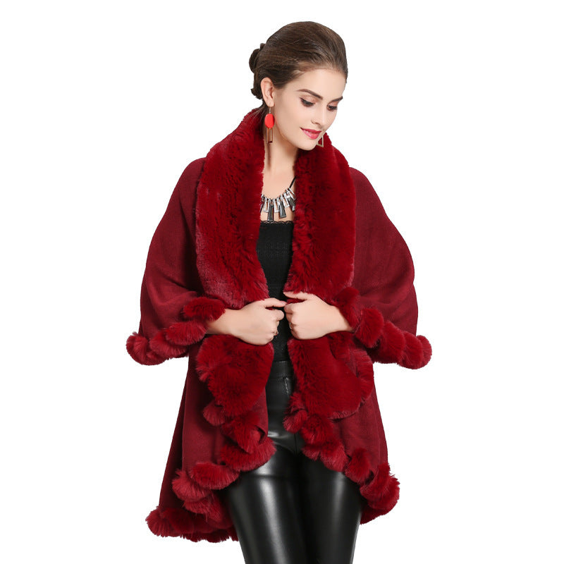Women's Hooded Poncho with Luxurious Faux Fur Collar and Elegant Trim