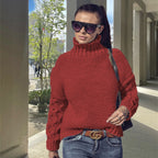 Women's Chunky Knit Sweater with High Collar and Textured Sleeves