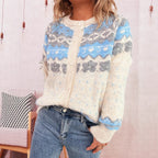 Women's Cozy Cardigan with Blue Patterns and Button Closure