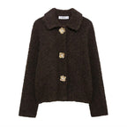Women's Fluffy Cardigan with Decorative Flower Buttons