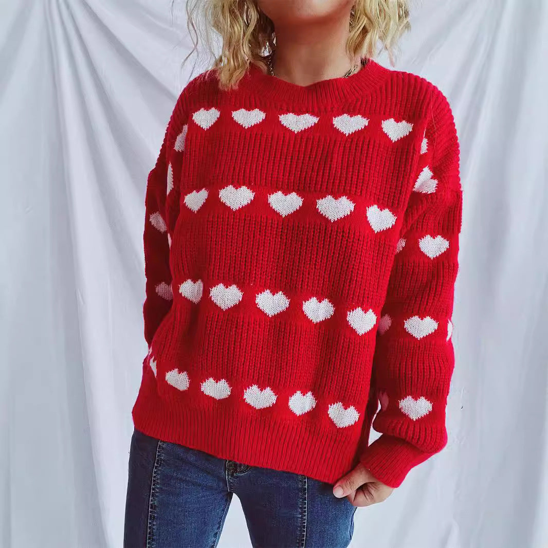 Cozy Heart Pattern Knit Sweater with Wide Sleeves