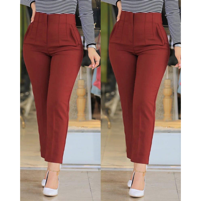 Women's High-Waisted Slimming Pants with Decorative Stitching