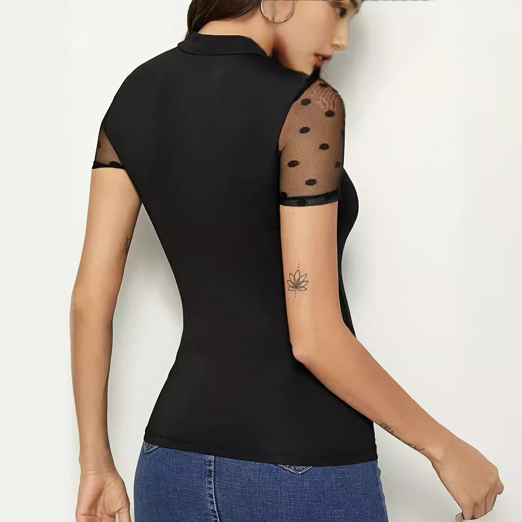 Women's Bodysuit with Sheer Polka Dots and High Neck