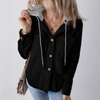 Women's Hooded Blouse with Textured Fabric and Practical Button Details