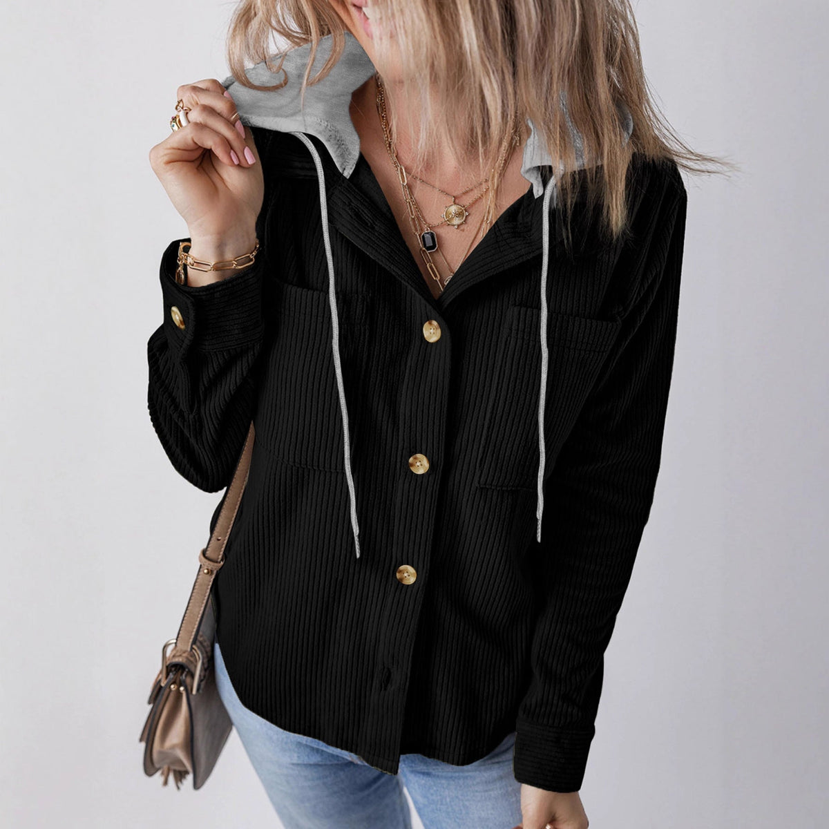 Women's Hooded Blouse with Textured Fabric and Practical Button Details