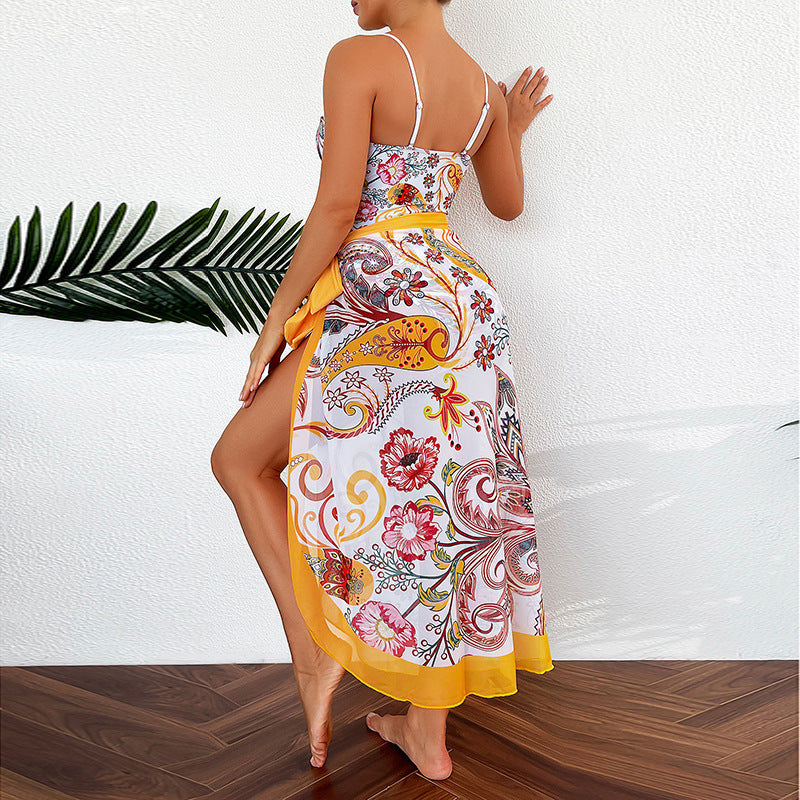 Women's Swimwear with Floral Print and Sheer Sarong Cover-Up