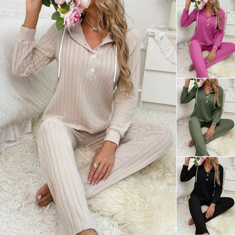 Women's Cozy Knit Set with Hood and Button Placket