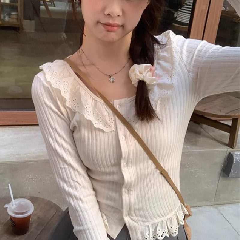 Women's Long-Sleeve Blouse with Lace Collar and Decorative Ruffled Hem