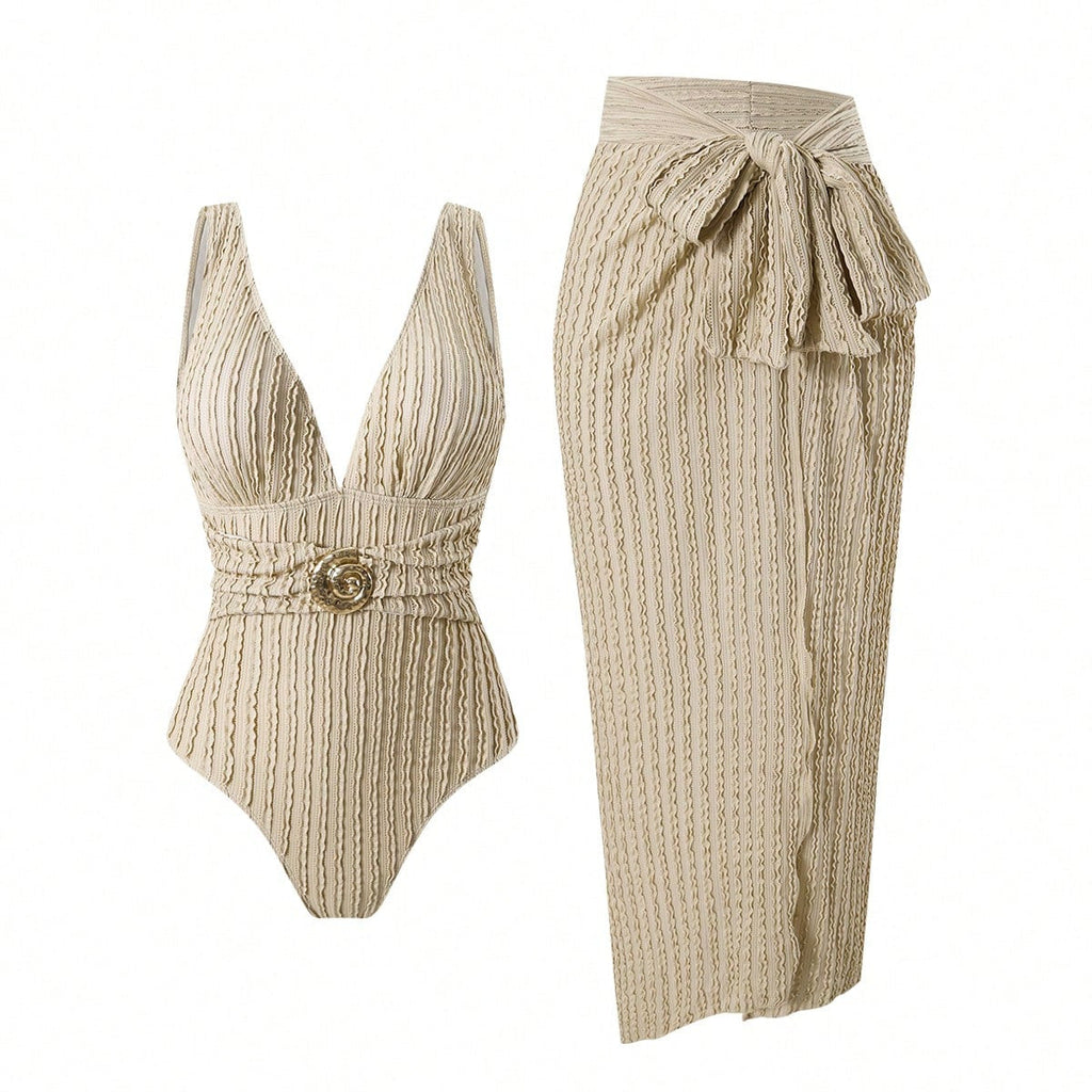 Women's Swimsuit with Feminine Wrap Skirt and Elegant Jewelry Detail